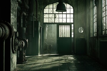 Poster - A dimly lit industrial space with green tones, featuring pipes and a doorway.
