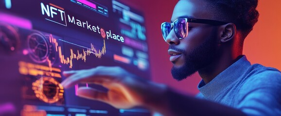 Poster - A person interacting with a digital interface showcasing NFT marketplace data.