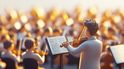 Aufkleber - A miniature orchestra performing with a violinist in front of a large audience.