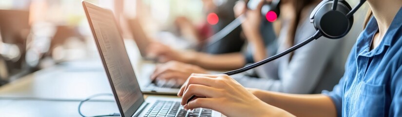 Poster - A group of individuals working at computers with headsets in a collaborative environment.