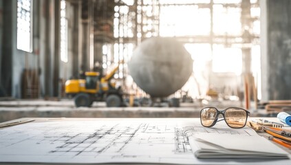 Aufkleber - Construction site with blueprints, safety glasses, and machinery in the background.