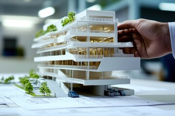 Poster - A hand adjusts a detailed architectural model of a modern building with greenery.