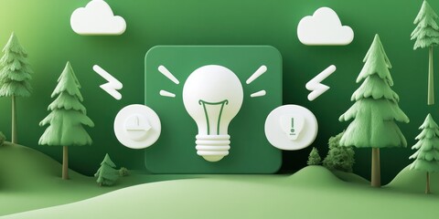 Aufkleber - A 3D illustration featuring a light bulb amidst trees and clouds, symbolizing ideas and innovation.