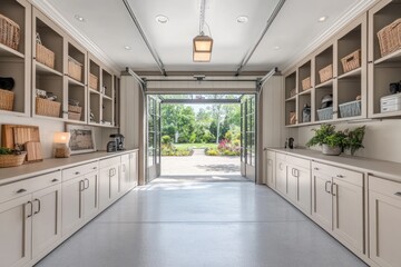Poster - A spacious garage with organized shelves and an open view of a garden.