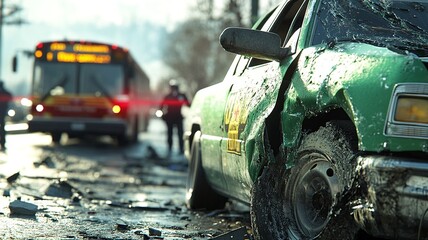 Wall Mural - A realistic close-up image depicting an accident involving a green pickup truck and a bus. The photo captures detailed damage and the intensity of the crash scene.

