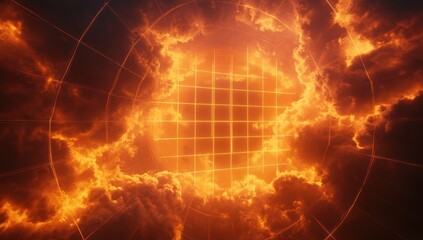 Poster - A fiery, abstract scene depicting a glowing grid surrounded by swirling clouds.