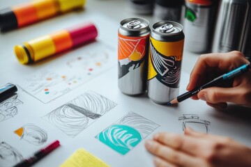 Aufkleber - A creative workspace featuring beverage cans, sketches, and design tools.