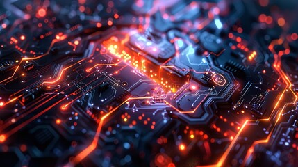 Poster - Bright neon circuit board with glowing lines
