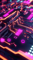 Poster - Abstract Neon Circuit Board Design With Glowing Lines