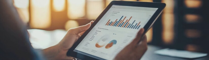 Poster - A person analyzing data on a tablet with charts and graphs.