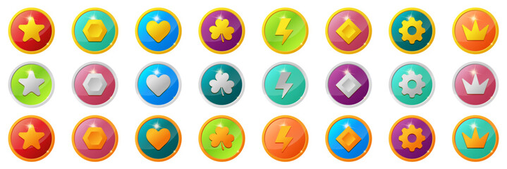 Wall Mural - set of gaming coins design element. colorful Gold, silver, bronze ranking medal coins. lightning bolt icon for video game UI or app animation. reward and cash treasure concept for casino