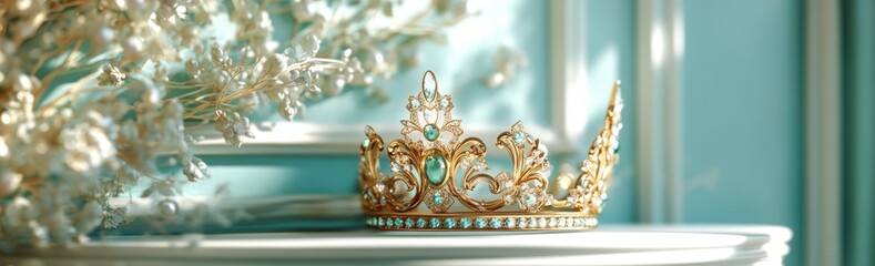 Poster - A decorative golden crown adorned with jewels, resting on an elegant surface.