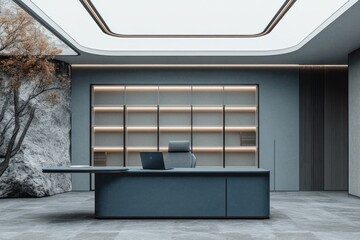Aufkleber - Modern office space with a minimalist design and natural elements.