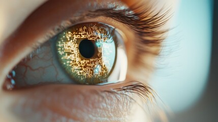 Poster - Human eye illuminated with glowing digital patterns showcasing intricate details