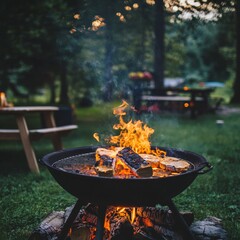 Leinwandbilder - Fire on burning wood in barbecue grill on green grass. Rest, weekend, cook