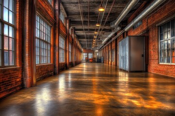 Poster - A spacious industrial corridor with large windows and brick walls, illuminated by warm light.
