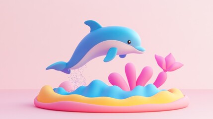 Poster - A playful dolphin leaps above colorful waves and flowers in a vibrant, whimsical scene.