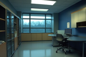 Poster - A modern office space with a desk, computer, and large windows overlooking a muted landscape.