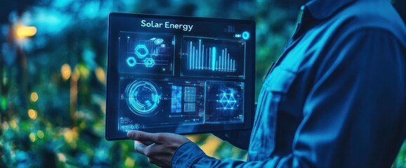 Poster - A person holding a digital display showcasing solar energy data and analytics.