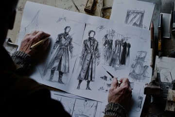 Poster - A designer sketches fashion concepts on paper, showcasing clothing designs and details.