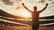 © PixPro Studios - Male athlete triumphs while crossing the finish line in a stadium during sunset