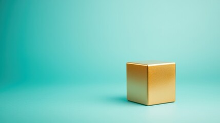 Poster - Minimalistic close-up view of a golden cube on a turquoise background highlighting simplicity