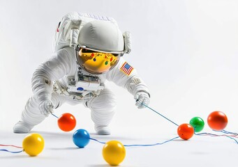 Poster - An astronaut interacts with colorful spheres using strings in a whimsical, playful setting.