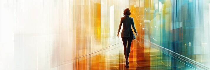 Poster - A silhouette of a person walking through a brightly lit, modern corridor.