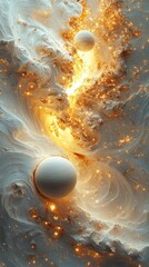 Wall Mural - A painting of a galaxy with two white spheres in the middle. Generative AI
