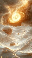 Wall Mural - A space scene with a spiral galaxy and a bunch of small planets. Generative AI