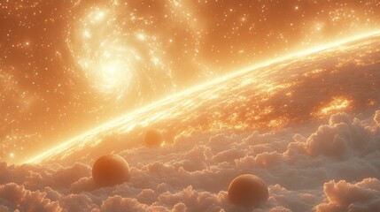 Wall Mural - A planet with a spiral galaxy in the background. Generative AI