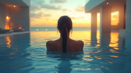 Poster - A woman relaxes in an infinity pool during sunset, surrounded by modern architecture. The serene waters reflect the vibrant colors of the evening sky.