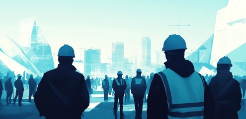 Poster - Workers in hard hats observing a construction site with a city skyline in the background.