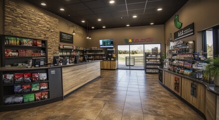 Poster - A modern convenience store interior with displays and a checkout area.
