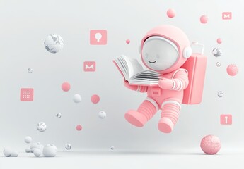 Poster - A playful astronaut in pink reading a book among floating spheres and icons.
