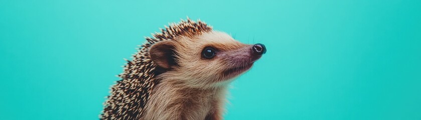 Aufkleber - A close-up of a hedgehog against a vibrant turquoise background.