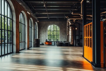 Aufkleber - Spacious industrial interior with large windows and modern design elements.