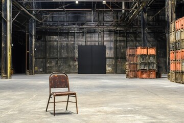 Aufkleber - An empty industrial space featuring a solitary chair amidst stacked containers.