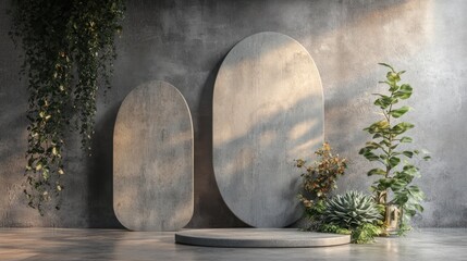 Poster - Modern interior scene with concrete shapes and plants for design or presentation purposes.