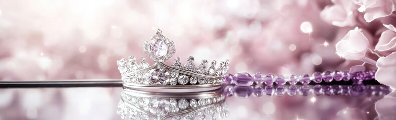 Poster - A sparkling tiara rests elegantly on a reflective surface with a soft pink floral background.