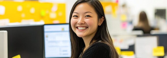 Poster - A smiling woman at a desk in an office setting with colorful sticky notes.
