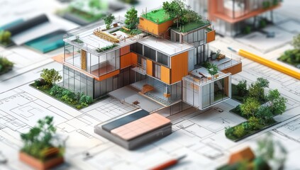 Poster - A modern architectural model with greenery and blueprints, showcasing innovative design.