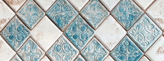 Poster - A decorative tile pattern featuring blue and white designs, suitable for interior design.