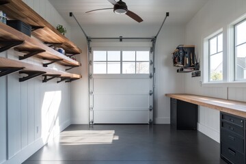 Poster - A modern garage with shelves, a workbench, and a large door for functionality and organization.