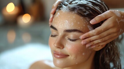 Poster - A woman enjoys a calming head massage with gentle hand movements and soothing bubbles. Candles flicker in the background, creating a peaceful spa atmosphere.
