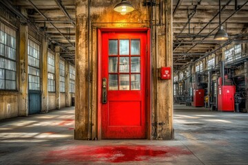 Aufkleber - A vibrant red door stands in an industrial space, hinting at mystery and intrigue.