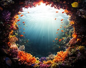 Wall Mural - Vibrant coral reef teeming with colorful fish, sunlight streams through the water creating a breathtaking underwater scene.