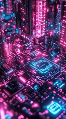 Poster - Neon Cityscape on a Futuristic Circuit Board