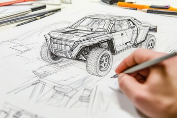 Poster - A hand sketches a detailed design of a rugged off-road vehicle on paper.