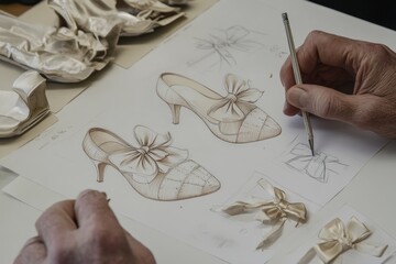 Poster - A designer sketches elegant high-heeled shoes adorned with bows and satin materials.